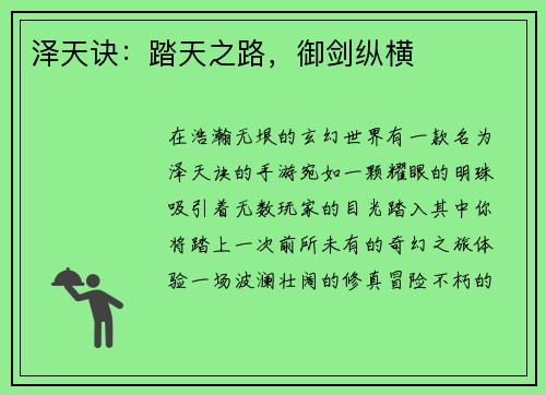 泽天诀：踏天之路，御剑纵横