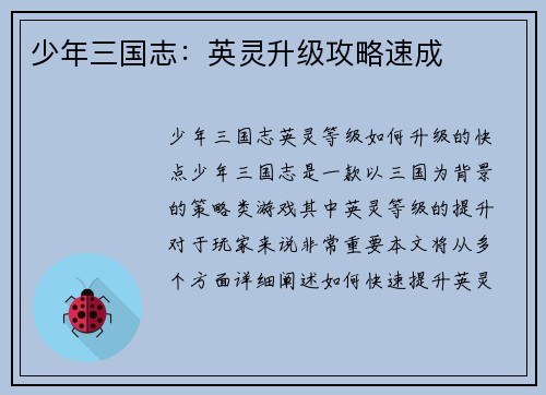 少年三国志：英灵升级攻略速成