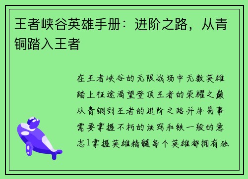 王者峡谷英雄手册：进阶之路，从青铜踏入王者