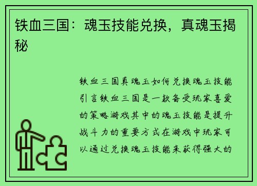 铁血三国：魂玉技能兑换，真魂玉揭秘